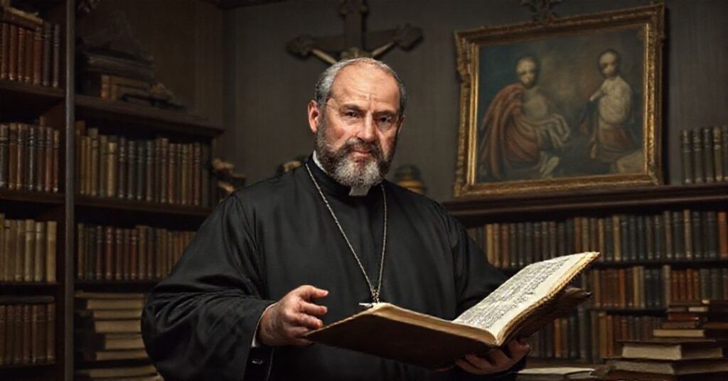 Ojciec Jacek Salij OP w habit dominikańskim wygłasza wykład w tradycyjnym studium z Biblią otwartą na Księdze Rodzaju, z krzyżem i obrazem św. Tomasza z Akwinu w tle.