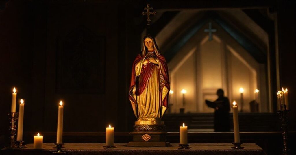 Solemne wizerunek tradycyjnego ołtarza katolickiego z rzeźbą Matki Boskiej otoczonej świecami. Na tle widoczny jest słabo oświetlony spektakularny modernistyczny kościół z postacią przypominającą ojca Jamesa Altmana trzymającego książkę z tytułem 'Co-Redemptrix'. Scena przekazuje napięcie między autentyczną katolicką tradycją a współczesnymi kompromisami.