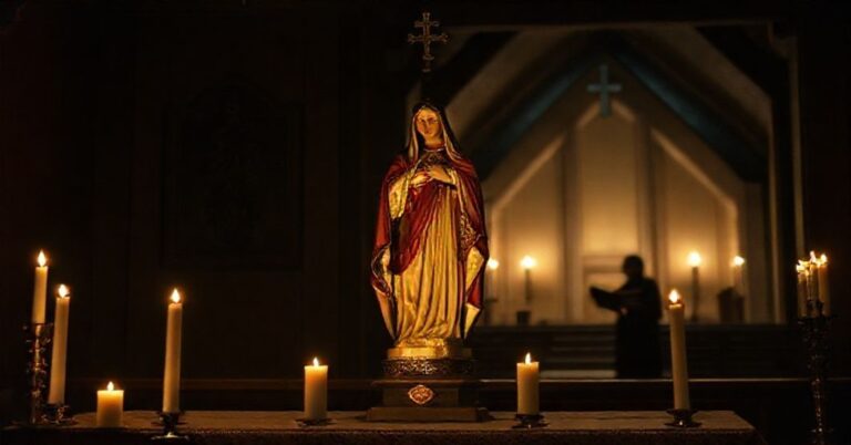 Solemne wizerunek tradycyjnego ołtarza katolickiego z rzeźbą Matki Boskiej otoczonej świecami. Na tle widoczny jest słabo oświetlony spektakularny modernistyczny kościół z postacią przypominającą ojca Jamesa Altmana trzymającego książkę z tytułem 'Co-Redemptrix'. Scena przekazuje napięcie między autentyczną katolicką tradycją a współczesnymi kompromisami.