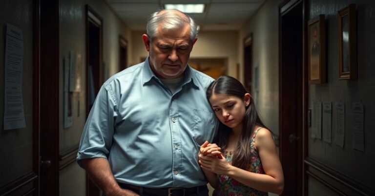 Zalążek zdjęcia przedstawia katolickiego ojca trzymającego za rękę swoją 14-letnią córkę w sądzie lub korytarzu szkoły w Kalifornii, otoczonych dokumentami prawności transpłciowych.