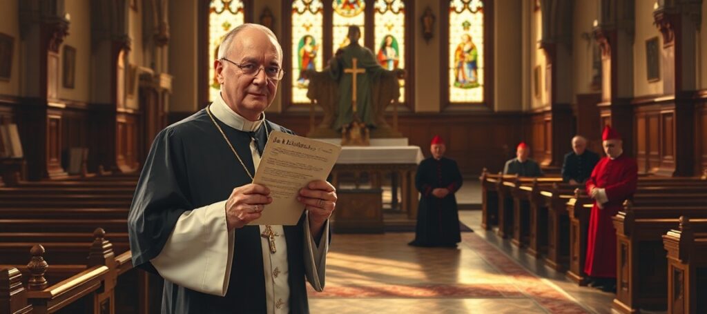 Ojciec Jean-Michel Gleize z SSPX stoi przed wyzwaniem watykańskim, trzymając list z groźbami ekskomunikacji. W tle widoczni są kardynałowie klęczący przed Pachamamą.