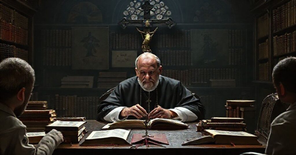 Ojciec Jacek Salij OP w tradycyjnym habitze dominikańskim dyskutuje o relatywnym traktowaniu ludzkiej wyjątkowości wobec zwierząt w bibliotece gotyckiej z krzyżem i księgami katolickimi.