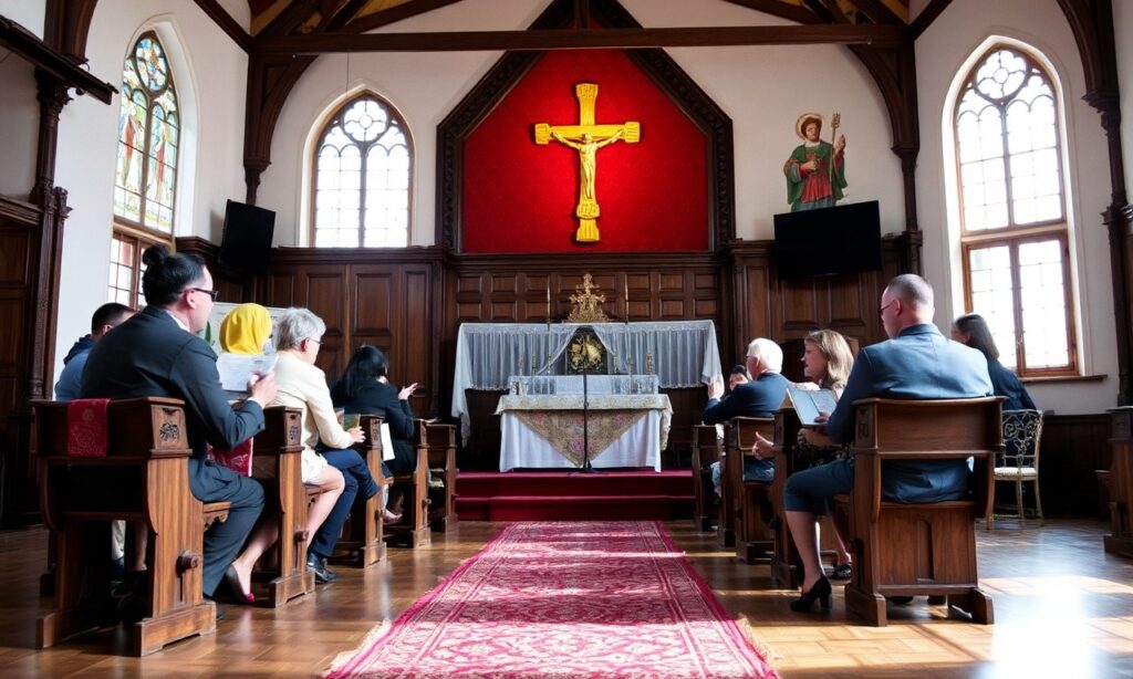 Ojciec Jeremias Schröder w tradycyjnym habitze benedyktynów stojący w klasztorze przed starym ołtarzem z Biblią w ręku.