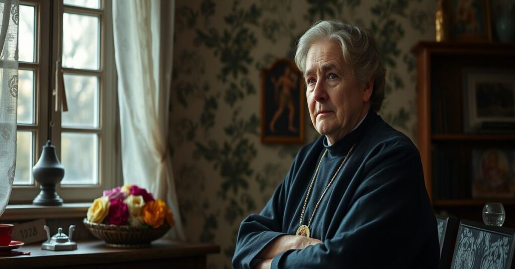 Zdjęcie przedstawia o. Joachima Badeniego w habit dominikańskim przed pustym kościołem posoborowym, symbolizującym apostazję Kościoła.