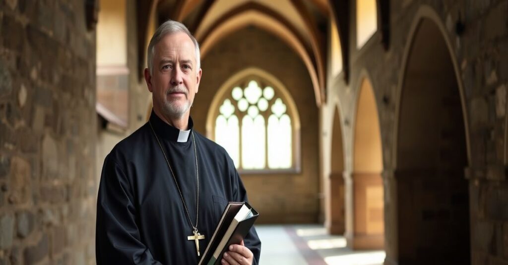 Portret Ojca Karola Cetwińskiego OSB w tradycyjnym habicie benedyktyńskim w klasztorze w Tyńcu.