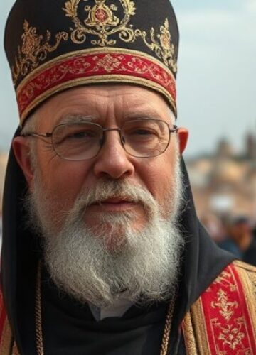Ojciec Louis Salman - kapłan wypędzony z Zachodniego Brzegu Portret Ojca Louisa Salmana w tradycyjnym ornaty na tle kościoła w Bet Sahur.