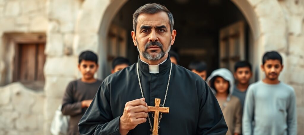Ojciec Luis Salman stoi przed kościołem na Zachodnim Brzegu Jordanu z młodzieżą w tle