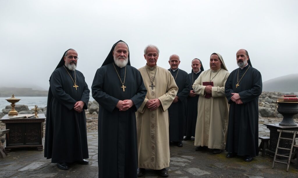 Ojciec Michael Mary z Transalpine Redemptorists stojący w klasztorze na wyspie Papa Stronsay w Szkocji