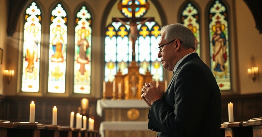 Dziedzic wiary: pobożny ojciec katolicki modlący się w kościele przed Najświętszym Sakramentem
