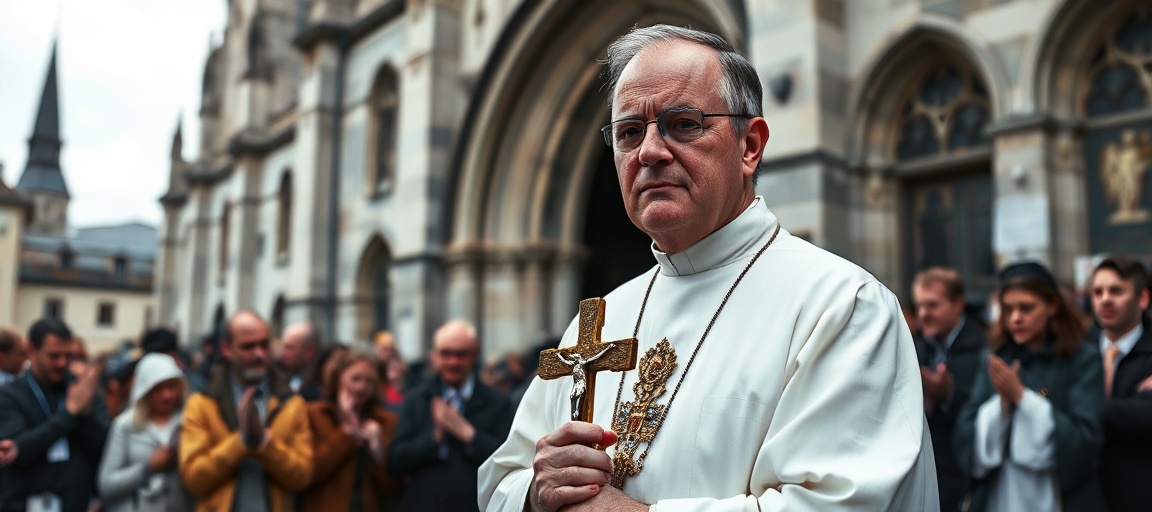 Ojciec Davide Pagliarani stoi przed kościołem w Écône, trzymając krzyż, otoczony przez zaniepokojonych katolików.