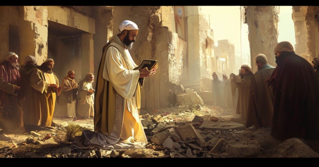 Ojciec Pierre El Raii, maronicki proboszcz w Qlayaa w Libanie, odprawia Ostatnie Namaszczenie w ruinach po bombardowaniu.