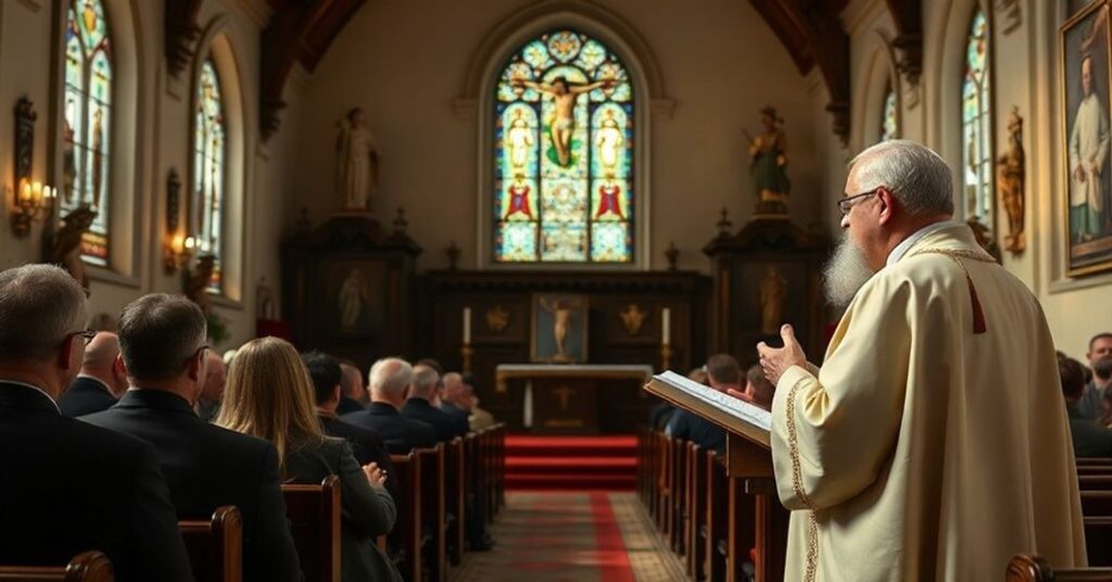 Scena tradycyjnego kościoła z ojcem Piotrem Kwiatkowskim OFMCap wygłaszającym kazanie na temat Psalmu 24.