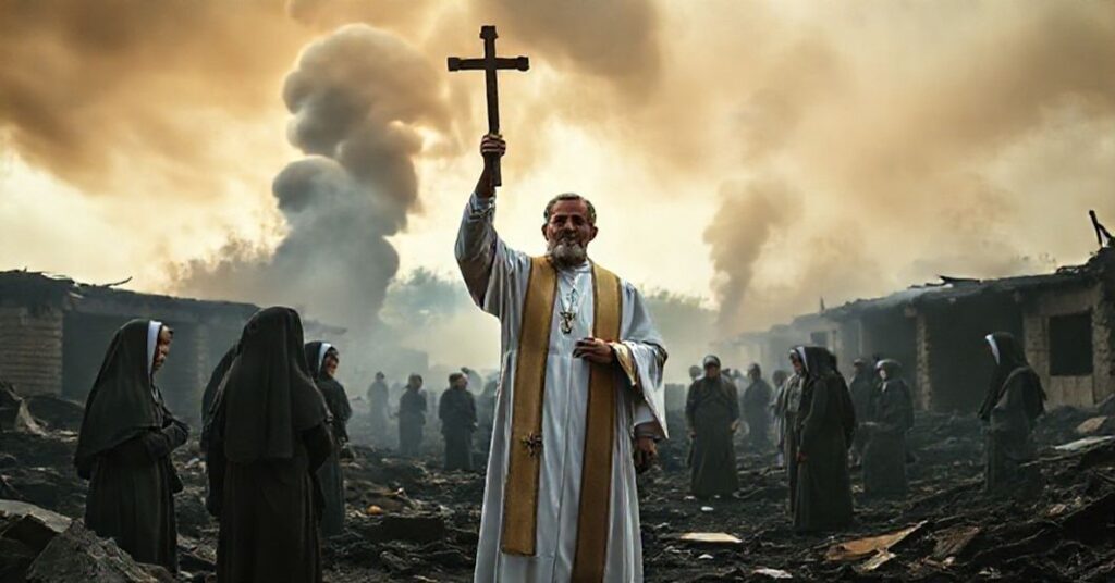 Ojciec Giovanni Piumatti stoi wśród ruin spalonego szpitala w Byambwe w Kongu, trzymając krzyż. Wokół są opłakujące się siostry zakonne i miejscowi mieszkańcy.