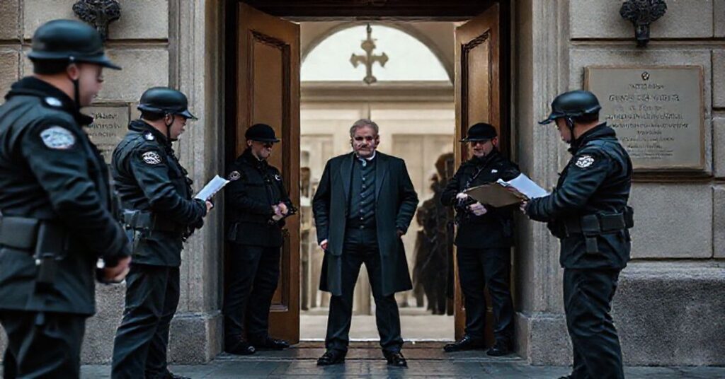 Ojciec Tadeusz Rydzyk w otoczeniu funkcjonariuszy CBA w siedzibie Fundacji Lux Veritatis