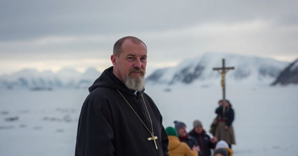 Ojciec Tomasz Majcen, katoliński kapłan na Grenlandii, stoi w surowym arktycznym pejzażu z lodowcami i odległymi górami. W habicie franciszkańskim rozmawia z grupą katoliów Inuitów.