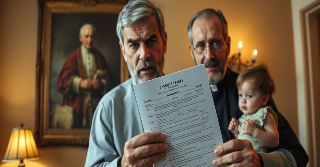 Tradycyjna rodzina katolicka z ojcem trzymającym formularz urlopu rodzicielskiego i matką ze dzieckiem na tle portretu Piusa XI