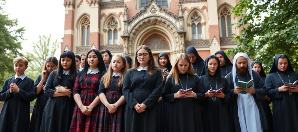 Grupa uczniów w tradycyjnych mundurach szkolnych stoi przed starym kościołem w Krakowie z ojcami pijarami modlącymi się za nimi