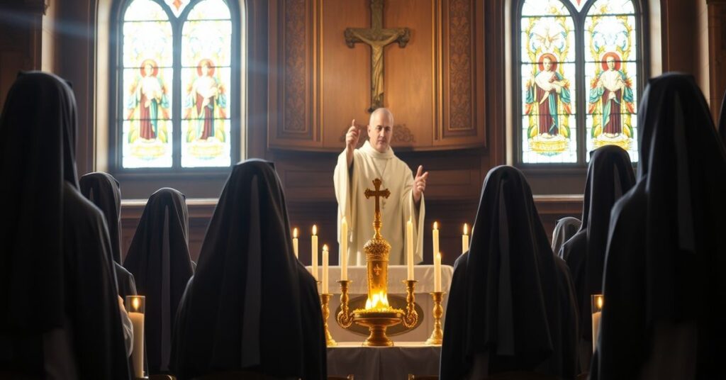 Tradycyjny katolicki ołtarz z monstrancją i siostrami zakonymi w habitach modlącymi się w uroczystym kościele.