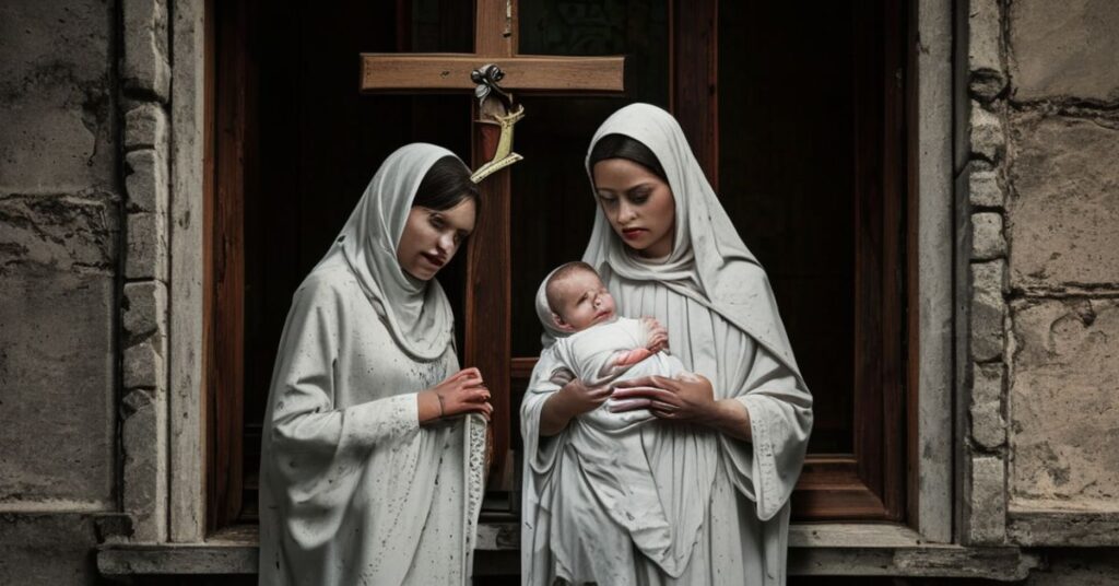 Noworodek w bieli zamknięty w Oknie Życia przy klasztorze sióstr nazaretanek w Ostrzeszowie. Scena przedstawia smutną matkę i siostrę Gertrudę Wojtowicz.