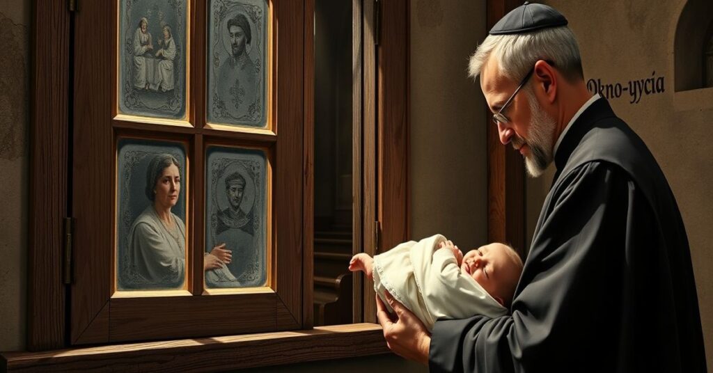 Matka trzymająca noworodka przy tradycyjnym katolickim oknie życia z napisem 'Okno Życia', ksiądz udziela chrztu w dawnej świątyni