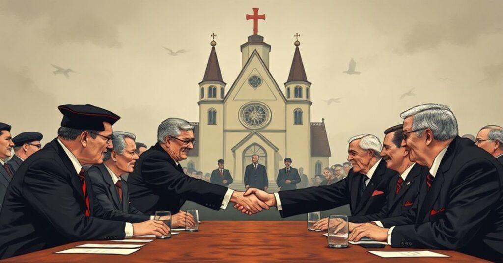 Uroczysty widok negocjacji Okrągłego Stołu w 1989 roku z Jerzym Turowiczem i Lechem Wałęsą, symbolizujący zdradę wiary i narodu