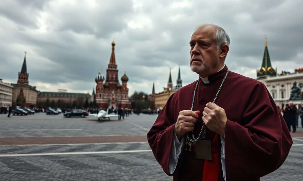 Red Square z ograniczonymi obchodami Dnia Zwycięstwa w Moskwie w 2026 roku. Widoczny jest kapłan katolicki w ornacie modlący się za pokój przed tłem Kremlu i soboru św. Bazylego