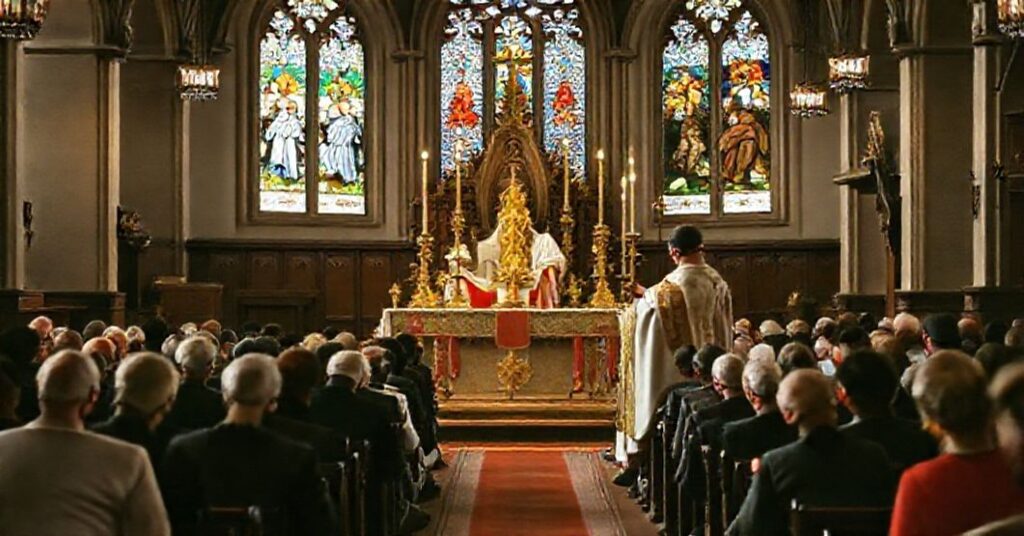 Tradycyjny katolicki ksiądz w pełnym stroju liturgicznym odprawiająca msze św. podczas Oktawy Bożego Narodzenia w starannie utrzymanej starożytnej świątyni