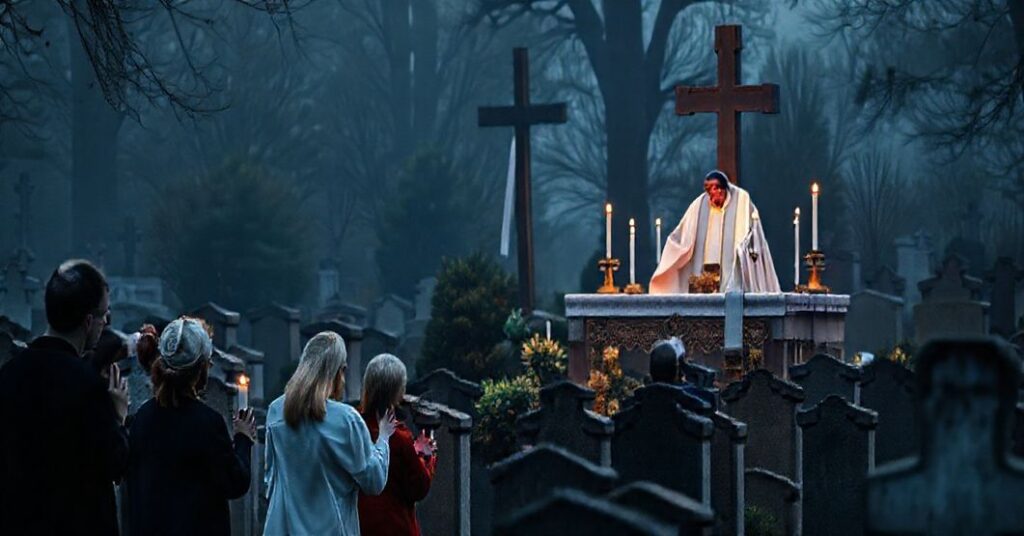 Scena na cmentarzu podczas Oktawy Wszystkich Świętych, z tradycyjną mszą trydencką i wiernymi modlącymi się za dusze zmarłych