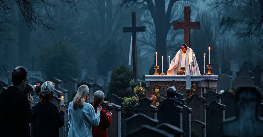 Scena na cmentarzu podczas Oktawy Wszystkich Świętych, z tradycyjną mszą trydencką i wiernymi modlącymi się za dusze zmarłych