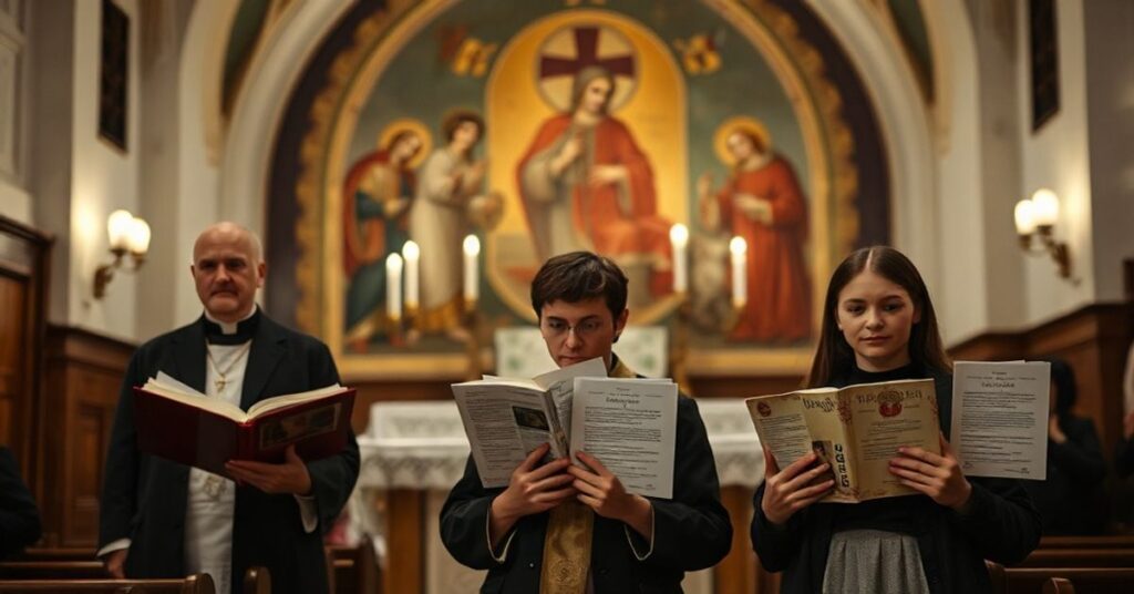 Sobór w Kaliszu podczas diecezjalnej olimpiady teologicznej - uczestnicy z nowoczesnymi dokumentami i wątpliwa msza nowego obrzędu