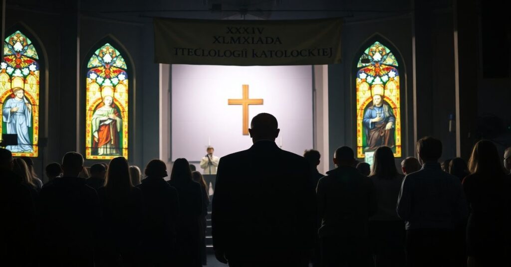 Grupa uczniów stoi przed modernistycznym ołtarzem w kościele w Szczecinie podczas finału Olimpiady Teologii Katolickiej 2026.