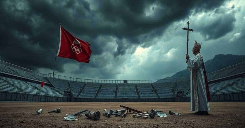 Odrzucone symbole religijne w pustym stadionie olimpijskim podczas burzy - krytyka modernistycznej wizji pokoju bez Chrystusa z tradycyjnym katolickim punktu widzenia.