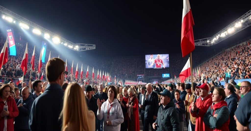 Obraz przedstawiający ceremonię otwarcia Zimowych Igrzysk Olimpijskich w Lublinie, z brakiem katolickich symboli i duchowej obecności