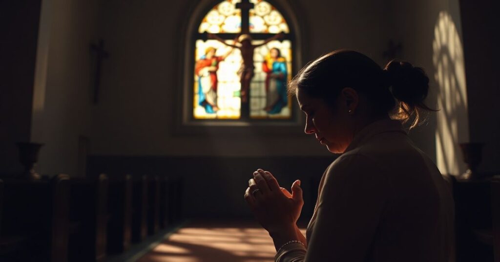 Zrozpaczona matka zastępcza modli się przed krzyżem w ciemnym kościele.
