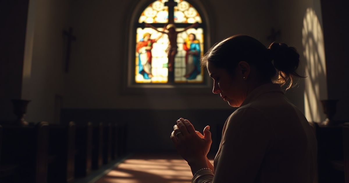 Zrozpaczona matka zastępcza modli się przed krzyżem w ciemnym kościele.