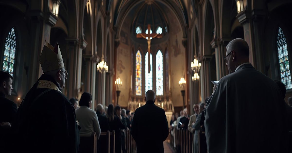 Modlitwa bez nawoływania do pokuty w Olsztynie - 2026 Scena wnętrza Konkatedry św. Jakuba w Olsztynie podczas wydarzenia w Wielkim Poście. Wizerunki arcybiskupów Józefa Górzyńskiego i Wojciecha Polaka oraz ks. Dariusza Sonaka podczas „modlitwy” i „Drogi Krzyżowej” bez odniesienia do grzechu i pokuty.