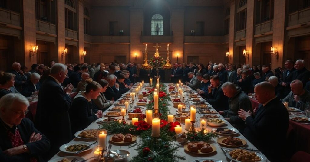 Solemne wystąpienie w Olsztynie podczas Wigilii Bożego Narodzenia, ukazujące modernistyczne wydarzenie 'Caritas' bez elementów sakramentalnych