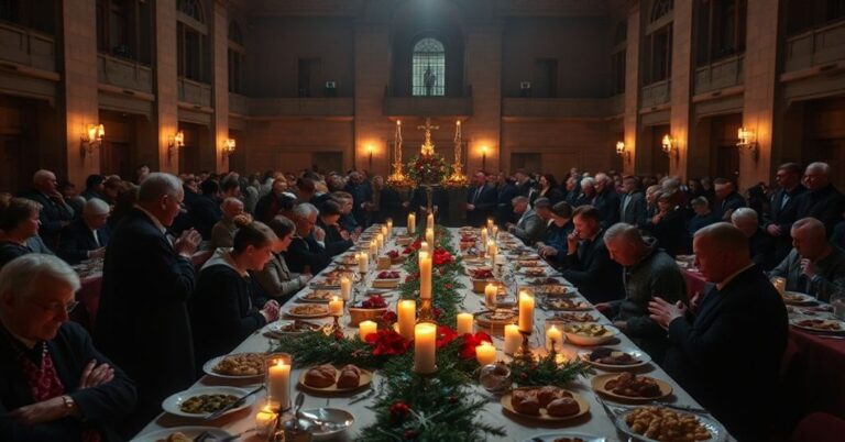 Solemne wystąpienie w Olsztynie podczas Wigilii Bożego Narodzenia, ukazujące modernistyczne wydarzenie 'Caritas' bez elementów sakramentalnych