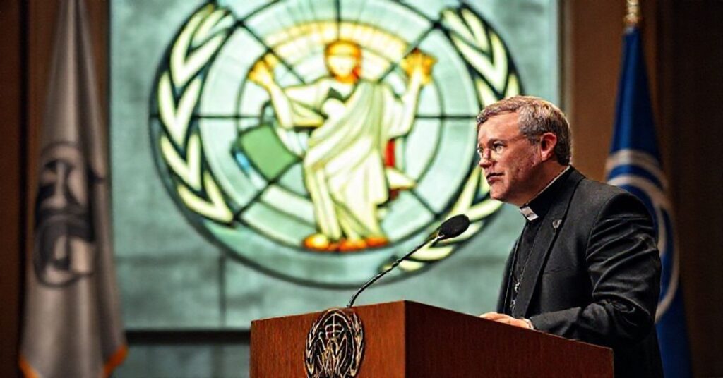 Katolicki naukowiec Michael Szporer przemawia na tle flagi ONZ z witrażem Chrystusa Króla w tle.