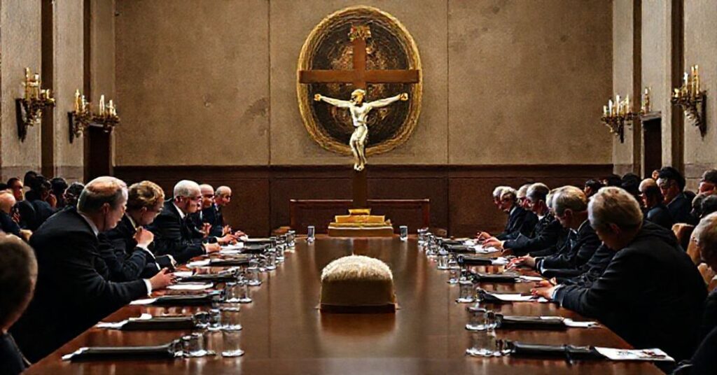 Uroczysta scena z Rady Bezpieczeństwa ONZ głosującej nad planem pokojowym Donalda Trumpa dla Strefy Gazy, z krzyżem w tle symbolizującym pominięcie Chrystusa Króla.