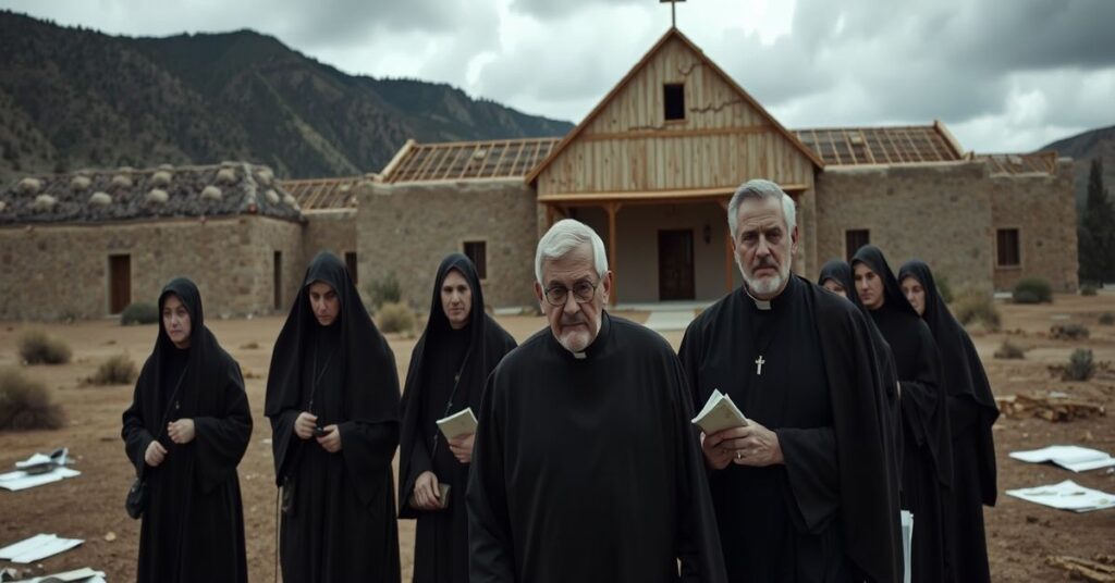 Skandal finansowy w opactwie norbertańskim Santa Maria de la Vid w Nowym Meksyku. Grupa zakonników w tradycyjnych habitach przed nieukończonym ośrodkiem rekolekcyjnym.