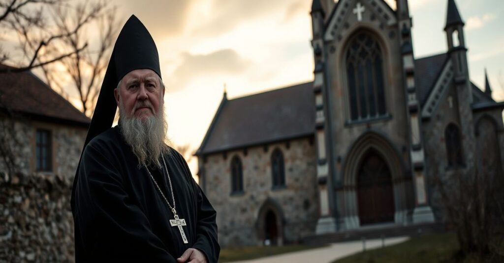 Opat Anzelm Fejes stoi przed historycznym opactwem norbertańskim w Oradei, Rumunia, symbolizując walkę o wiarę i własność kościelną.