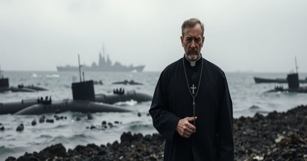 Realistyczny obraz zatoniętych niemieckich U-Bootów po operacji Deadlight z widokiem polskiego niszczyciela ORP Błyskawica na tle. Scena wyraża moralne zagubienie i bezsensowną zniszczoność.