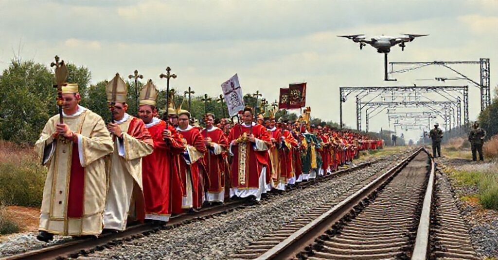 Procesja katolicka z kapłanami w tradycyjnych szatach liturgicznych przechodząca obok zdemolowanej kolejowej infrastruktury z dalekim widokiem wojskowych dronów i żołnierzy.