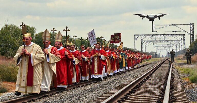 Procesja katolicka z kapłanami w tradycyjnych szatach liturgicznych przechodząca obok zdemolowanej kolejowej infrastruktury z dalekim widokiem wojskowych dronów i żołnierzy.
