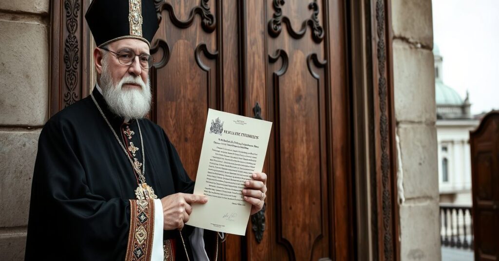 Katolicki biskup w pełnym stroju liturgicznym stojący przed zamkniętymi drzwiami kościoła w Odessie, symbolizujący opór wobec ekumenizmu
