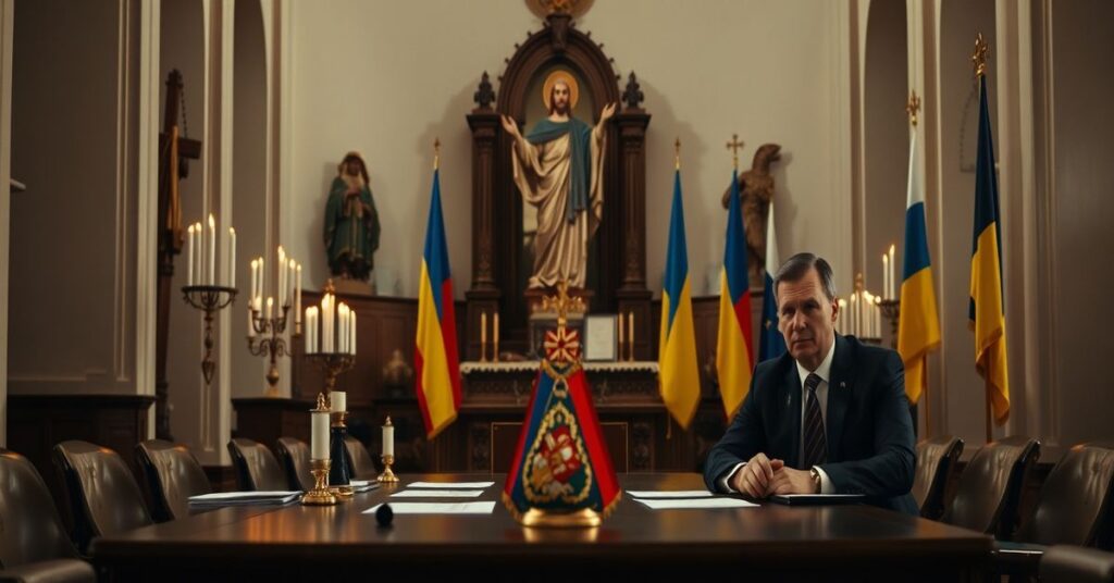 Wewnątrz kościoła katolickiego z rzeźbą Chrystusa-Króla na tronie, otoczoną tradycyjnymi świecami i przedmiotami religijnymi. Na pierwszym planie smutni Kaja Kallas i ukraińscy dyplomaci siedzą przy stole negocjacyjnym otoczeni dokumentami i flagami. Scena jest oświetlona delikatnym, poważnym światłem.