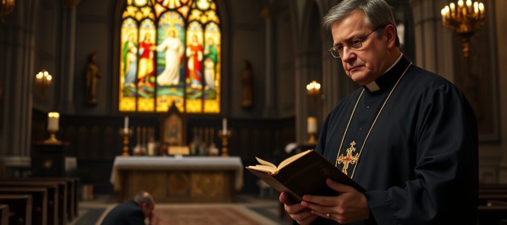 Ksiądz w tradycyjnym stroju modli się w barokowym kościele, podczas gdy wierny klęczy przed nowomodnym ołtarzem z przedmiotami pseudodewocjonalnymi — krytyka zaniku prawdziwej pobożności na Portalu Opoka