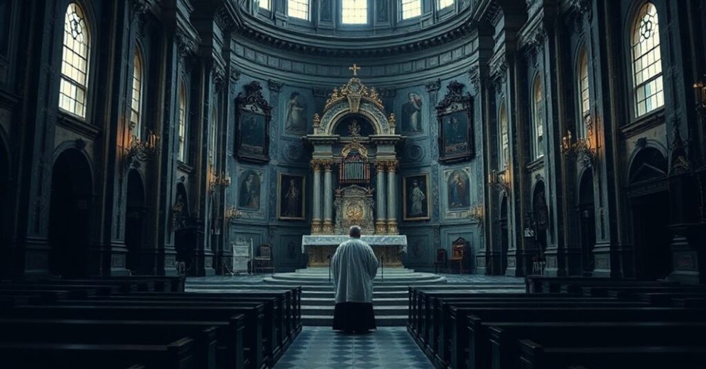 Wewnątrz opolskiej "katedry" po renowacji: pusty ołtarz z archeologicznymi odkryciami, tradycyjny ksiądz w modlitwie kontrastujący z modernistycznymi elementami i zaniedbanymi murami.