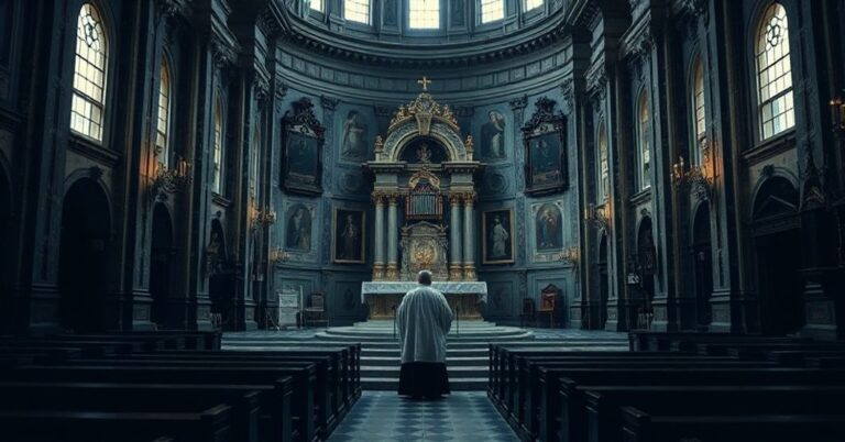 Wewnątrz opolskiej "katedry" po renowacji: pusty ołtarz z archeologicznymi odkryciami, tradycyjny ksiądz w modlitwie kontrastujący z modernistycznymi elementami i zaniedbanymi murami.